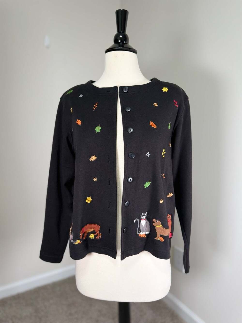 Bechamel Cardigan Size PS Fall Leaves Cats Dogs Embroidered Twee Cottagecore